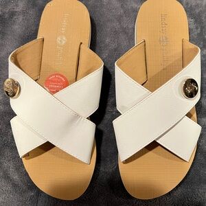 Lindsay Phillips Criss Cross Cream Slide Sandals with Gold Accent